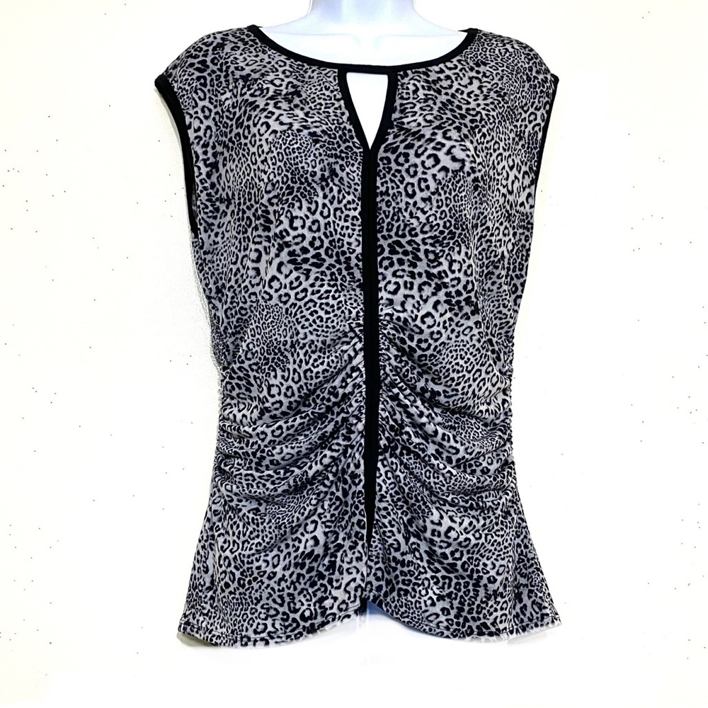 Vince Camuto BLACK & GRAY animal print stretchy sleeveless center ruched top